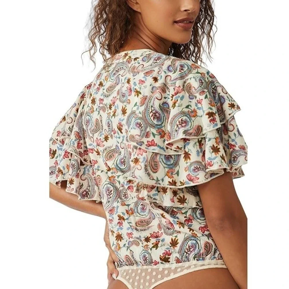 Free People Intimately Call Me Later Paisley Floral Ruffle Tie Front Bodysuit XS